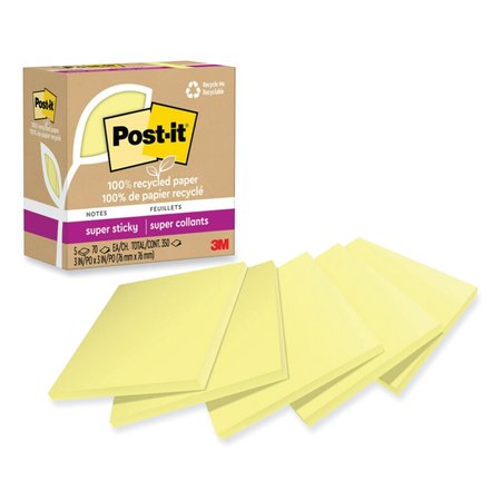 POST IT NOTES SUPER STICKY 100% Recycled Paper Super Sticky Notes, 3 x 3, Canary Yellow, 70 Sheets/Pad, 5PK 70007079737